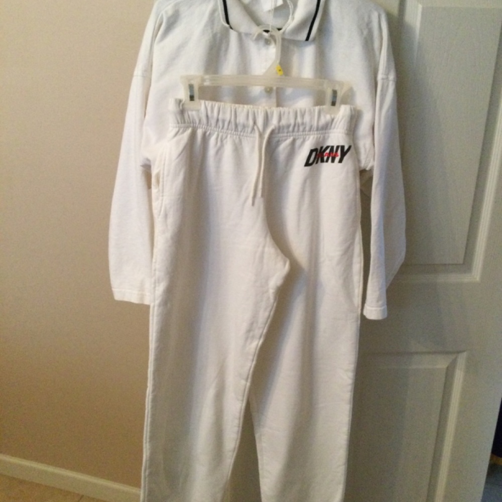 DKNY White Sweatpants and Hot Cotton Button Down Shirt
